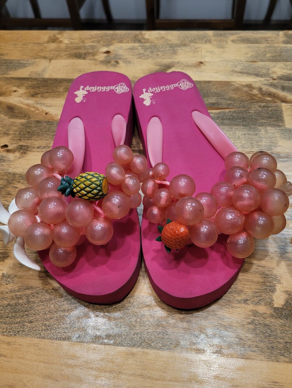 Pink Bubble Beaded Flip Flop Sandals with Fruit Accent
